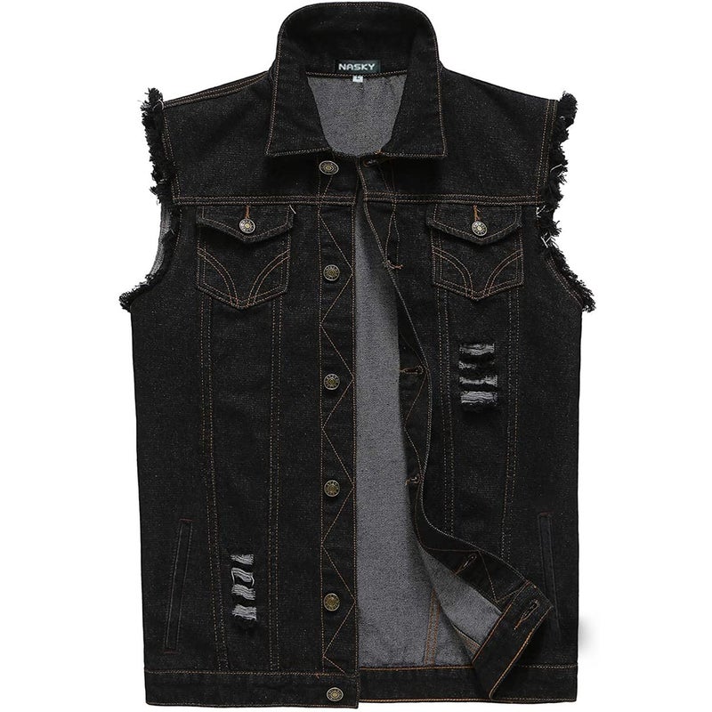 NASKY Men's Fit Retro Ripped Denim Vest Sleeveless Jean Vest and Jacket (Small, Black) - Image 1